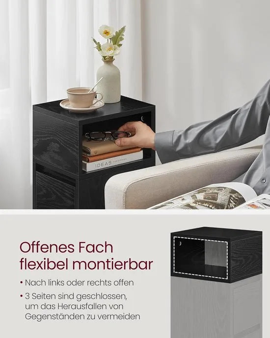 Furnstar - Nachtkastje - Smal - Bijzettafel met 2 laden - Open vak links of rechts monteerbaar - Voor slaapkamer en woonkamer - Ebbenzwart