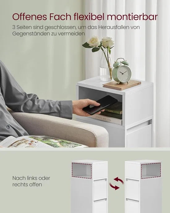 Furnstar - Nachtkastje - Smal - Bijzettafel met 2 laden - Open vak links of rechts monteerbaar - Voor slaapkamer en woonkamer - Wolkenwit
