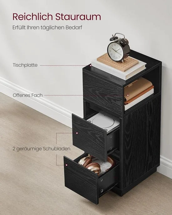 Furnstar - Nachtkastje - Smal - Bijzettafel met 2 laden - Open vak links of rechts monteerbaar - Voor slaapkamer en woonkamer - Ebbenzwart