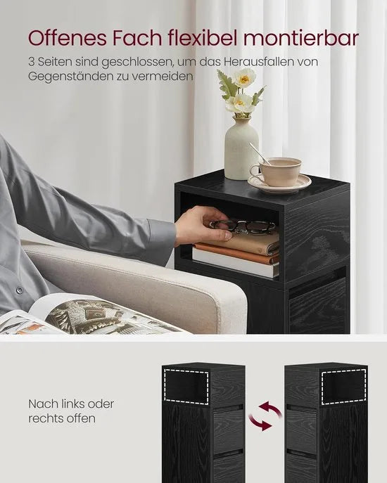 Furnstar - Nachtkastje - Smal - Bijzettafel met 2 laden - Open vak links of rechts monteerbaar - Voor slaapkamer en woonkamer - Ebbenzwart