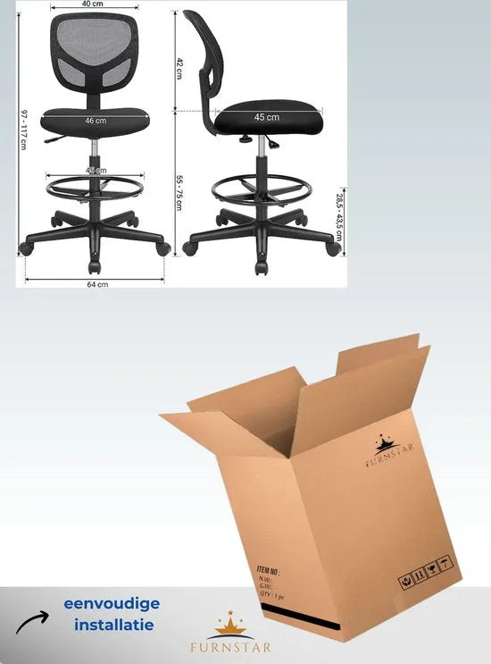 FurnStar - Office Chair - Ergonomic Work Stool - Seat Height 55-75 cm - High Work Chair with Adjustable Footrest - Maximum Load 120 kg - Black