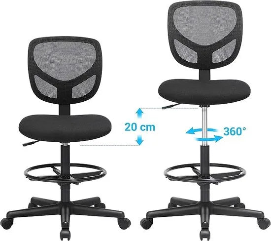FurnStar - Office Chair - Ergonomic Work Stool - Seat Height 55-75 cm - High Work Chair with Adjustable Footrest - Maximum Load 120 kg - Black