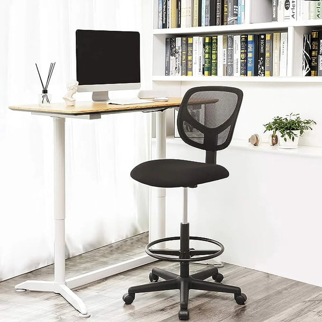 FurnStar - Office Chair - Ergonomic Work Stool - Seat Height 55-75 cm - High Work Chair with Adjustable Footrest - Maximum Load 120 kg - Black