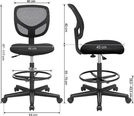 FurnStar - Office Chair - Ergonomic Work Stool - Seat Height 55-75 cm - High Work Chair with Adjustable Footrest - Maximum Load 120 kg - Black