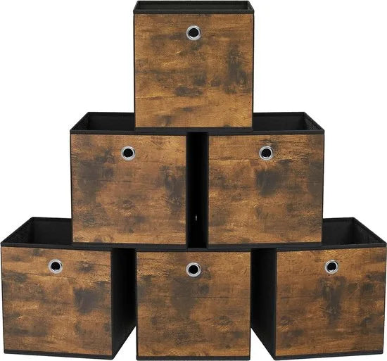 FurnStar - Opbergdoos - 6-delige set - opbergdozen - vliesstof - vouwdoos - 33 x 33 x 33 cm - stoffen doos - voor kubusplank - organizer voor kleding - vintage bruin-zwart