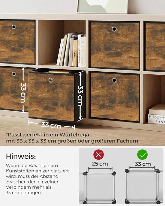 FurnStar - Opbergdoos - 6-delige set - opbergdozen - vliesstof - vouwdoos - 33 x 33 x 33 cm - stoffen doos - voor kubusplank - organizer voor kleding - vintage bruin-zwart