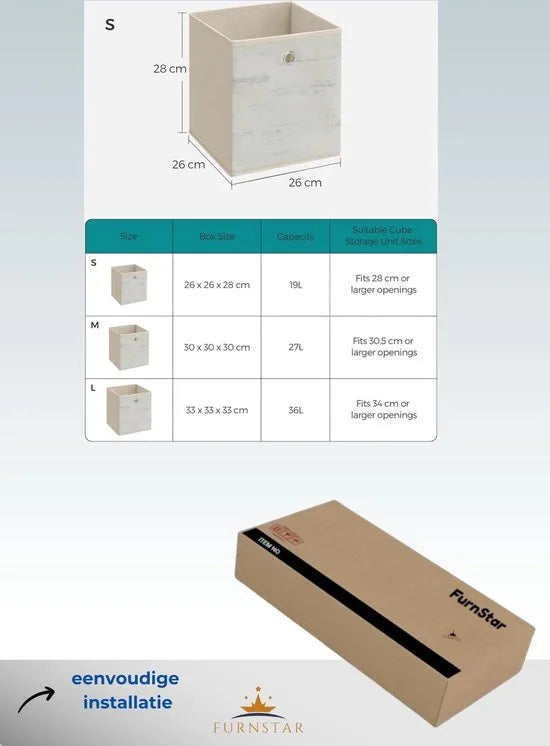 FurnStar - Opbergdoos - set van 6 - opbergdozen - vliesstof - vouwdoos - 26 x 26 x 28 cm - stoffen doos - voor kubusplank - organizer voor kleding - wit