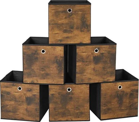 FurnStar - Opbergdoos - set van 6 - opbergdozen - vliesstof - vouwdoos - 30 x 30 x 30 cm - stoffen doos - voor kubusplank - organizer voor kleding - vintage bruin-zwart