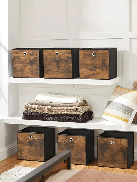 FurnStar - Opbergdoos - set van 6 - opbergdozen - vliesstof - vouwdoos - 30 x 30 x 30 cm - stoffen doos - voor kubusplank - organizer voor kleding - vintage bruin-zwart