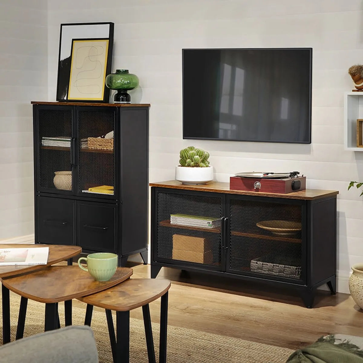 Furnstar Opbergkast Industrieel – Sideboard met Metalen Gaasdeuren – Kast met Planken – 75 x 33 x 100 cm – Rustiek Bruin/Zwart