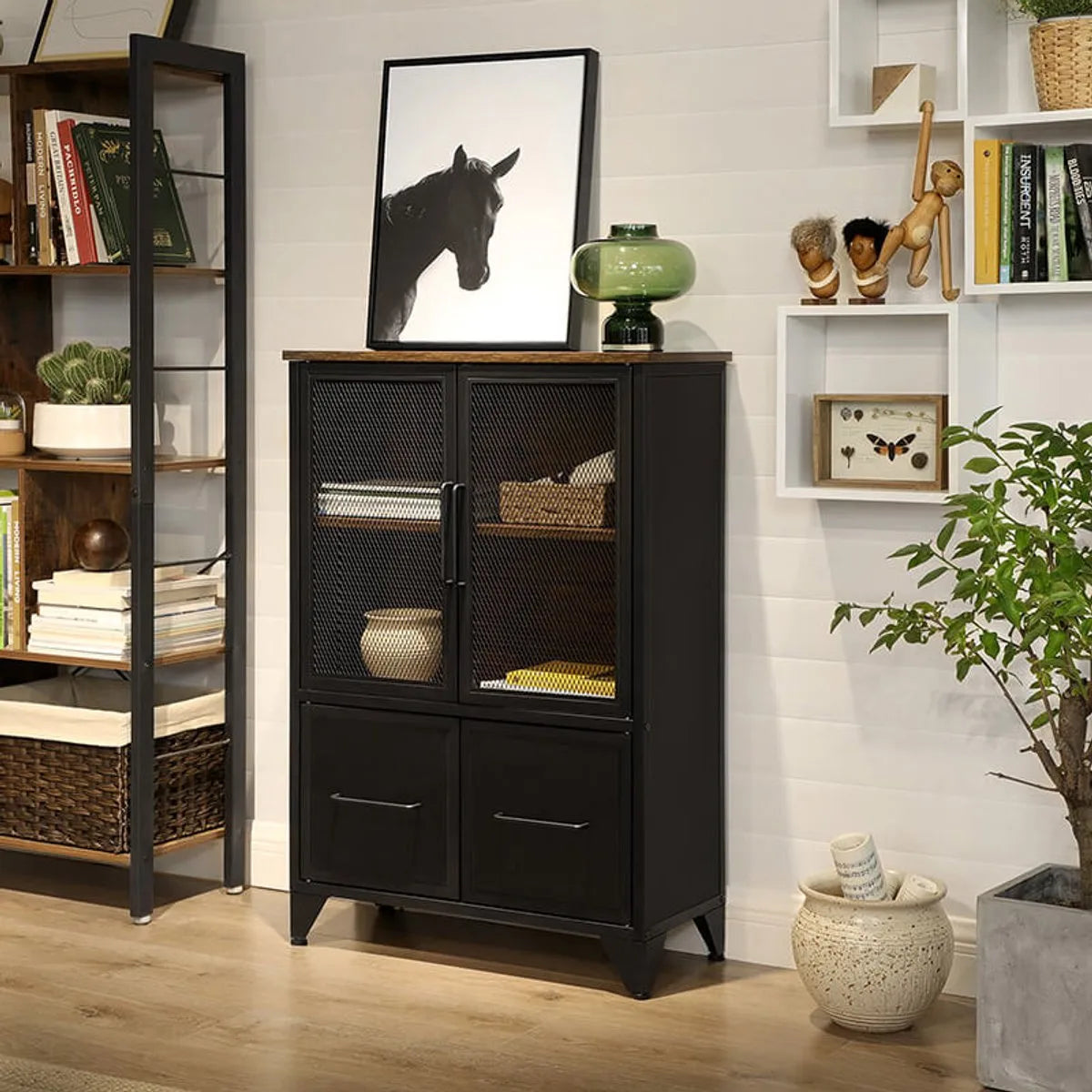 Furnstar Opbergkast Industrieel – Sideboard met Metalen Gaasdeuren – Kast met Planken – 75 x 33 x 100 cm – Rustiek Bruin/Zwart