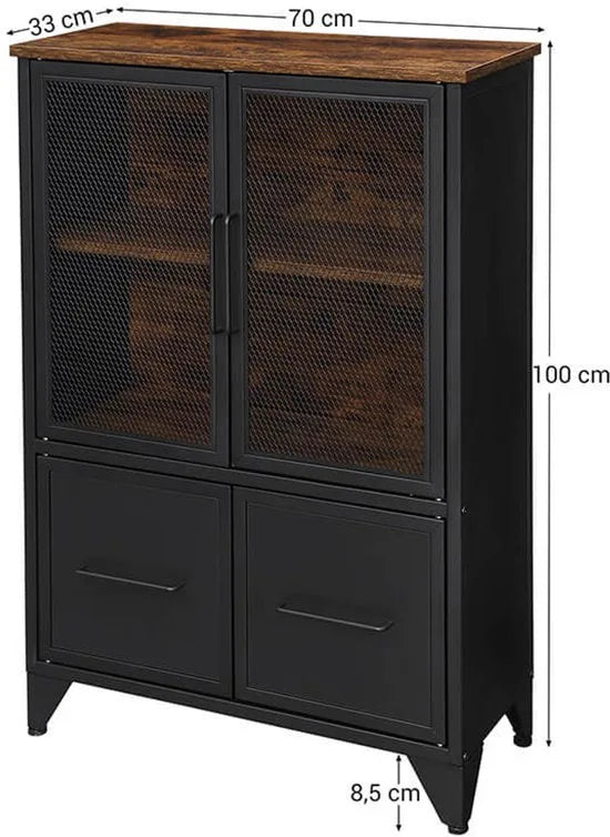 Furnstar Opbergkast Industrieel – Sideboard met Metalen Gaasdeuren – Kast met Planken – 75 x 33 x 100 cm – Rustiek Bruin/Zwart