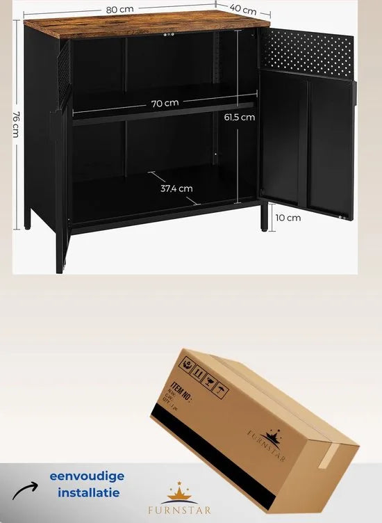 FurnStar - Opbergkasten - Magnetische Sluiting - Verstelbare Planken - Industriële - Zwart - 80x40x76cm