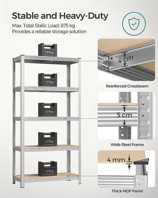 FurnStar - Opbergrek - 5 Planken - 2 Stuk - Monteren zonder schroeven - 875 kg - 180x90x40cm - Grijs