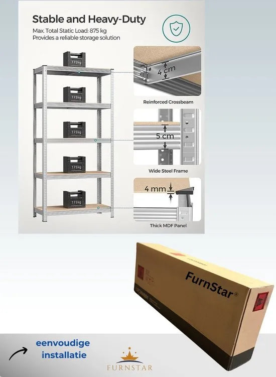 FurnStar - Opbergrek - 5 Planken - 2 Stuk - Monteren zonder schroeven - 875 kg - 180x90x40cm - Grijs