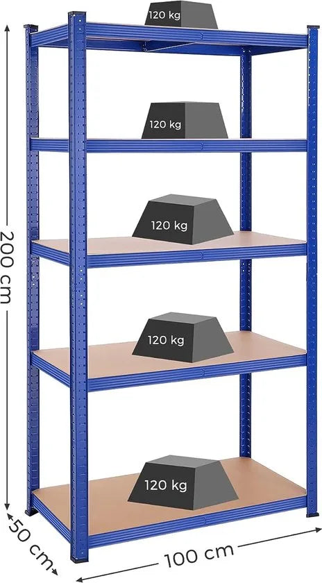 FurnStar - Opbergrek - 5 Planken - Monteren zonder schroeven - 600 kg - 200x100x50cm - Grijs
