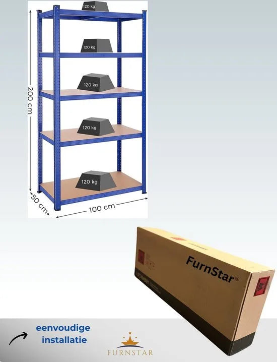 FurnStar - Opbergrek - 5 Planken - Monteren zonder schroeven - 600 kg - 200x100x50cm - Grijs