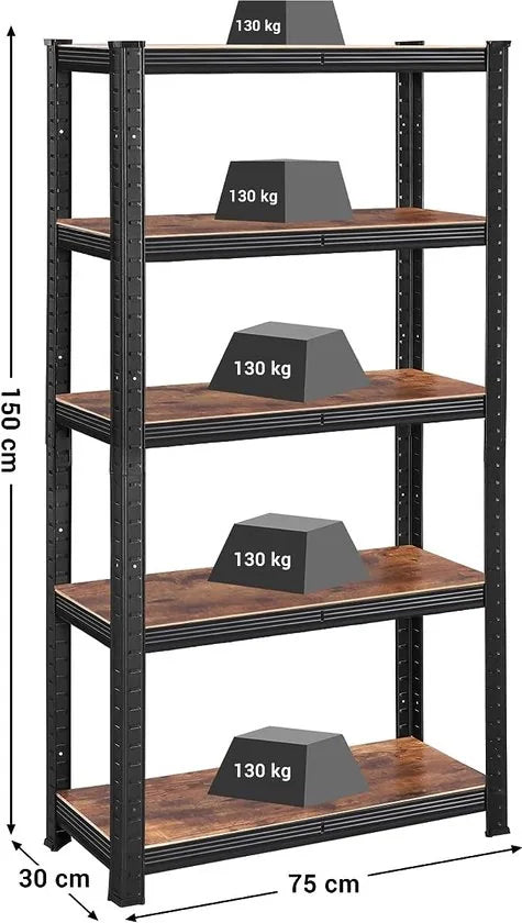 FurnStar - Opbergrek - 5 Planken - Monteren zonder schroeven - 650 kg - 150x75x30cm - Zwart