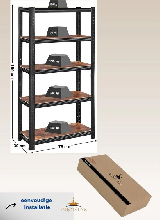 FurnStar - Opbergrek - 5 Planken - Monteren zonder schroeven - 650 kg - 150x75x30cm - Zwart