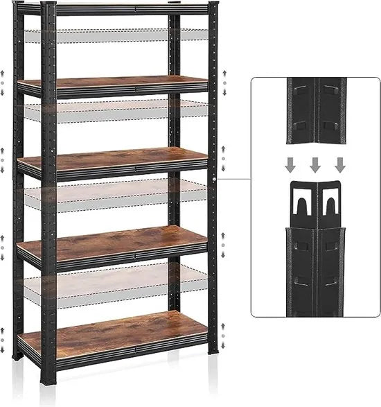 FurnStar - Opbergrek - 5 Planken - Monteren zonder schroeven - 650 kg - 150x75x30cm - Zwart
