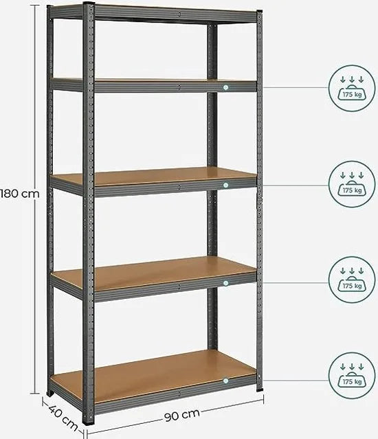 FurnStar - Opbergrek - 5 Planken - Monteren zonder schroeven - 875 kg - 180x90x40cm - Grijs