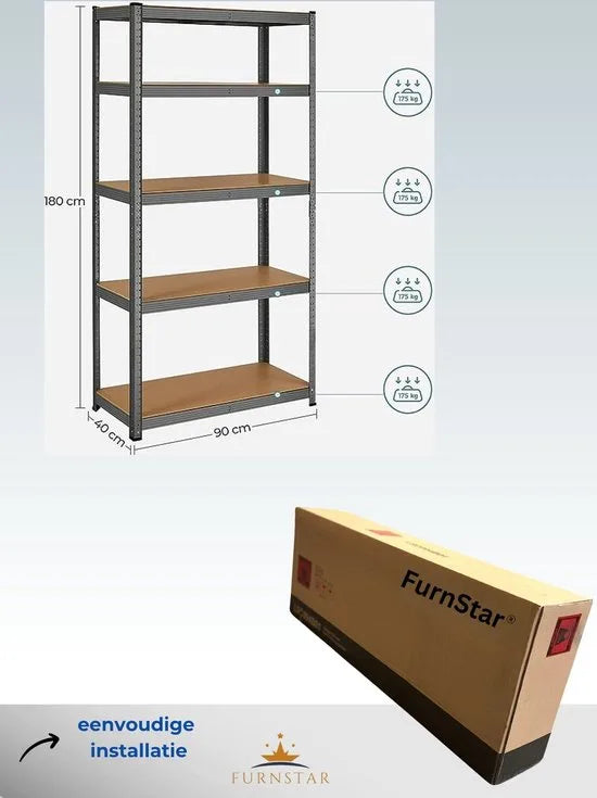 FurnStar - Opbergrek - 5 Planken - Monteren zonder schroeven - 875 kg - 180x90x40cm - Grijs