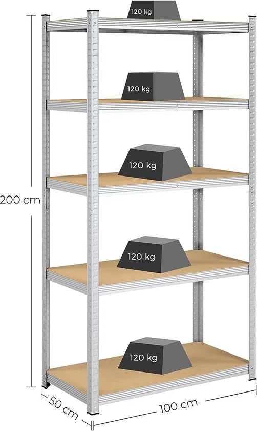 FurnStar - Opbergrek - 5 Planken - Monteren zonder schroeven - 875 kg - 200x100x50cm - Grijs