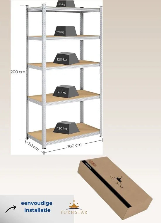 FurnStar - Opbergrek - 5 Planken - Monteren zonder schroeven - 875 kg - 200x100x50cm - Grijs