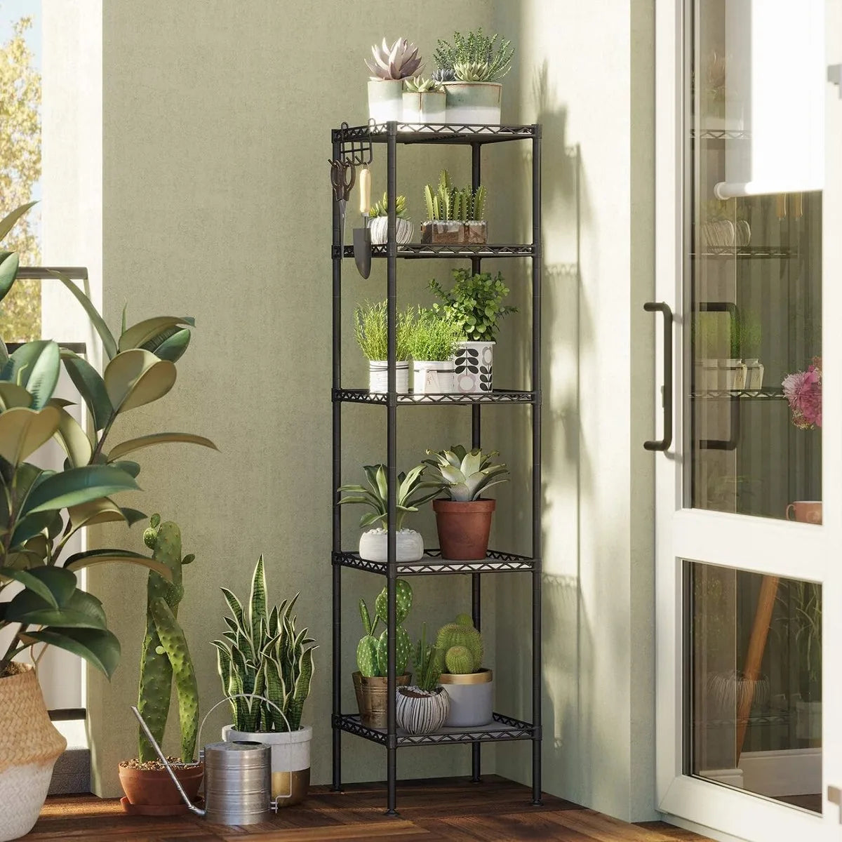 FurnStar - Opbergrek - Metalen opbergrek - Totaal draagvermogen 100 kg - met 5 PP-platen - Afneembare haken - 30 x 30 x 123,5 cm - Uitbreidbaar ontwerp voor kleine ruimte - Zwart