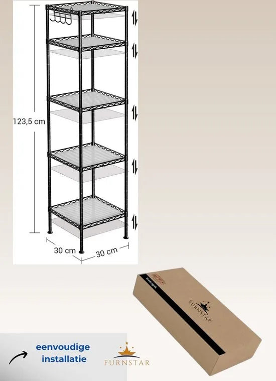 FurnStar - Opbergrek - Metalen opbergrek - Totaal draagvermogen 100 kg - met 5 PP-platen - Afneembare haken - 30 x 30 x 123,5 cm - Uitbreidbaar ontwerp voor kleine ruimte - Zwart