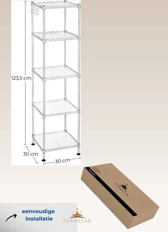 FurnStar - Opbergrek - Metalen opbergrek - Totaal draagvermogen 100 kg - met 5 PP-platen - Afneembare haken - 30 x 30 x 123,5 cm - Uitbreidbaar ontwerp voor kleine ruimte - Zwart – Zilver