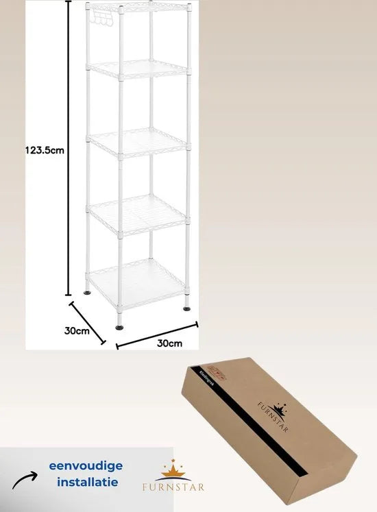 FurnStar - Opbergrek - Metalen opbergrek - Totaal draagvermogen 100 kg - met 5 PP-platen - Afneembare haken - 30 x 30 x 123,5 cm - Uitbreidbaar ontwerp voor kleine ruimte - Wit en doorschijnend