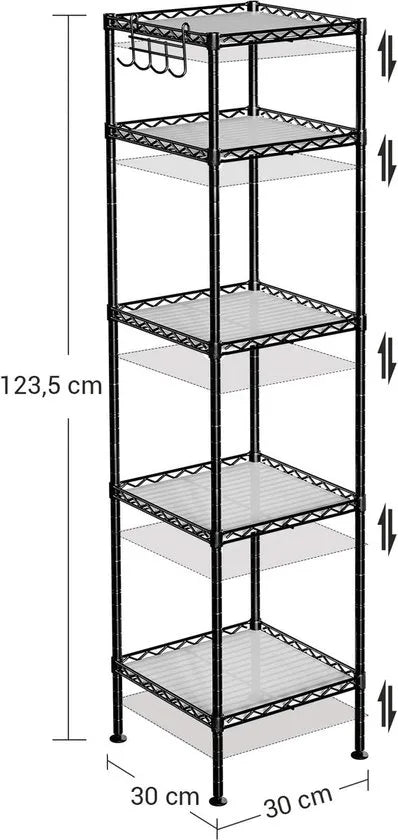 FurnStar - Opbergrek - Metalen opbergrek - Totaal draagvermogen 100 kg - met 5 PP-platen - Afneembare haken - 30 x 30 x 123,5 cm - Uitbreidbaar ontwerp voor kleine ruimte - Zwart