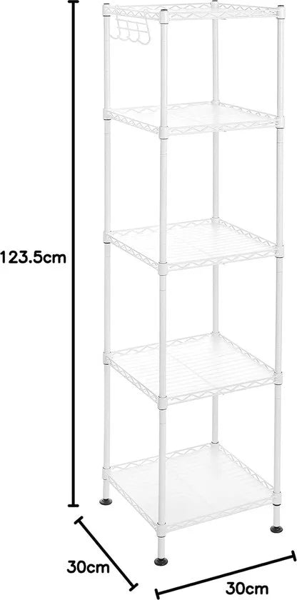 FurnStar - Opbergrek - Metalen opbergrek - Totaal draagvermogen 100 kg - met 5 PP-platen - Afneembare haken - 30 x 30 x 123,5 cm - Uitbreidbaar ontwerp voor kleine ruimte - Wit en doorschijnend