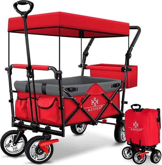 FurnStar - Opvouwbare Handkar Met Dak Handkar - Transportwagen - incl. 2X 3 puntsgordelsysteem - Opvouwbaar - Massief Rubberen Banden - Tot 80kg - Voor en Achterrem - Draagtas, Kaki – Rood/grijs