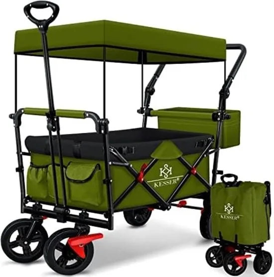 FurnStar - Opvouwbare Handkar Met Dak Handkar - Transportwagen - incl. 2X 3 puntsgordelsysteem - Opvouwbaar - Massief Rubberen Banden - Tot 80kg - Voor en Achterrem - Draagtas, Kaki