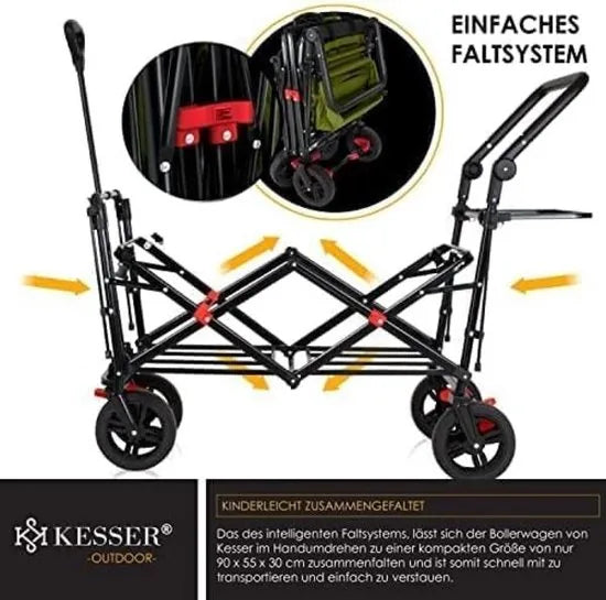 FurnStar - Opvouwbare Handkar Met Dak Handkar - Transportwagen - incl. 2X 3 puntsgordelsysteem - Opvouwbaar - Massief Rubberen Banden - Tot 80kg - Voor en Achterrem - Draagtas, Kaki