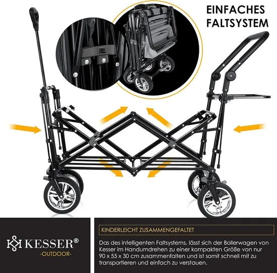 FurnStar - Opvouwbare Handkar Met Dak Handkar - Transportwagen - incl. 2X 3 puntsgordelsysteem - Opvouwbaar - Massief Rubberen Banden - Tot 80kg - Voor en Achterrem - Draagtas, Kaki – Grijs