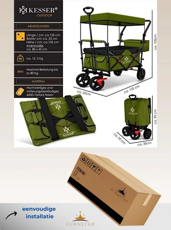 FurnStar - Opvouwbare Handkar Met Dak Handkar - Transportwagen - incl. 2X 3 puntsgordelsysteem - Opvouwbaar - Massief Rubberen Banden - Tot 80kg - Voor en Achterrem - Draagtas, Kaki