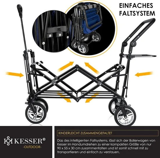 FurnStar - Opvouwbare Handkar Met Dak Handkar - Transportwagen - incl. 2X 3 puntsgordelsysteem - Opvouwbaar - Massief Rubberen Banden - Tot 80kg - Voor en Achterrem - Draagtas, Kaki – Blauw/grijs