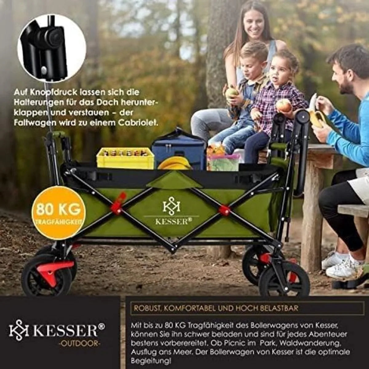 FurnStar - Opvouwbare Handkar Met Dak Handkar - Transportwagen - incl. 2X 3 puntsgordelsysteem - Opvouwbaar - Massief Rubberen Banden - Tot 80kg - Voor en Achterrem - Draagtas, Kaki
