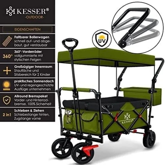 FurnStar - Opvouwbare Handkar Met Dak Handkar - Transportwagen - incl. 2X 3 puntsgordelsysteem - Opvouwbaar - Massief Rubberen Banden - Tot 80kg - Voor en Achterrem - Draagtas, Kaki