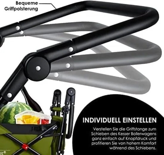 FurnStar - Opvouwbare Handkar Met Dak Handkar - Transportwagen - incl. 2X 3 puntsgordelsysteem - Opvouwbaar - Massief Rubberen Banden - Tot 80kg - Voor en Achterrem - Draagtas, Kaki