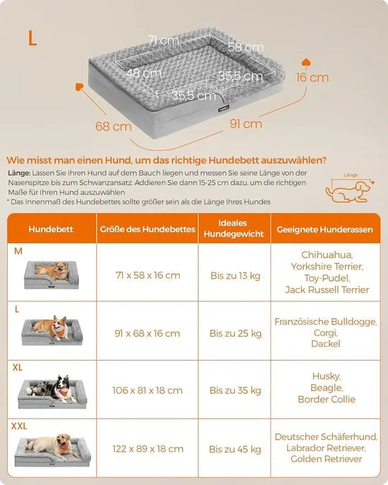 FurnStar - Orthopedisch hondenbed voor middelgrote honden - waterdichte hondenbank met afneembare pluche overtrek - 91 x 68 x 16 cm - duifgrijs