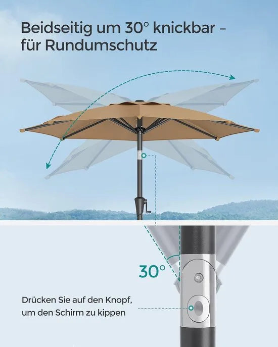 FurnStar - Parasol 210 cm - UPF 50+ - Strandscherm - Aan beide zijden 30° knikbaar - Zonwering - Met zwengel om te openen/sluiten - Voor terras, balkon, zwembad - Grijs – Taupe