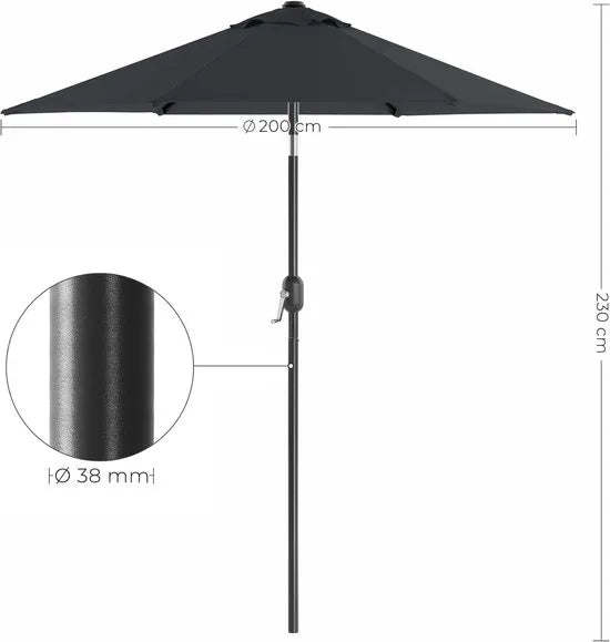 FurnStar - Parasol 210 cm - UPF 50+ - Strandscherm - Aan beide zijden 30° knikbaar - Zonwering - Met zwengel om te openen/sluiten - Voor terras, balkon, zwembad - Grijs