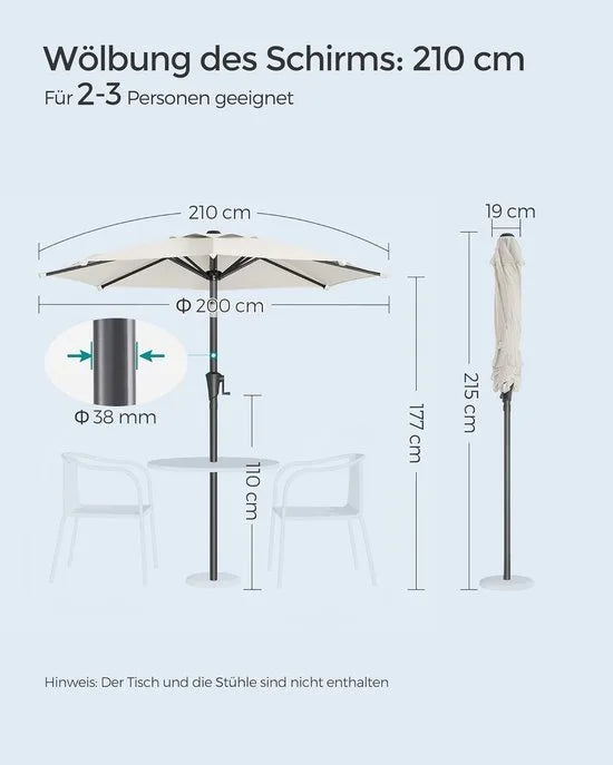 FurnStar - Parasol 210 cm - UPF 50+ - Strandscherm - Aan beide zijden 30° knikbaar - Zonwering - Met zwengel om te openen/sluiten - Voor terras, balkon, zwembad - Beige