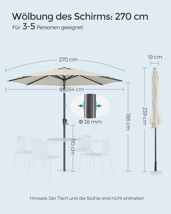 Furnstar - Parasol 270 cm - UPF 50+ zonwering - Strandscherm - Knikbaar aan beide zijden - Met zwengel om te openen/sluiten - Zonder standaard - Voor terras, balkon en zwembad - Beige