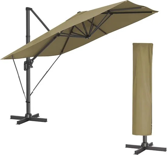 FurnStar zweefparasol 290 x 290 cm rookgrijs – UPF 50+, 360° draaibaar, met voet en hoes – Lauriergroen