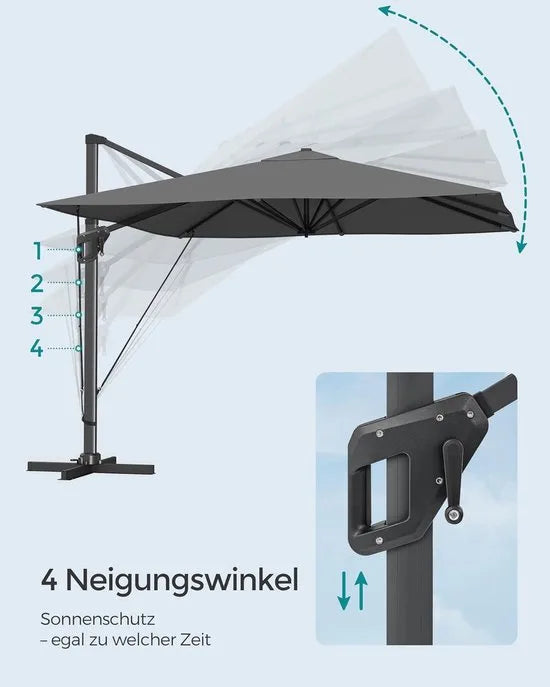 FurnStar - Parasol 290 x 290 cm - Zweefparasol - Tuinscherm - UV-bescherming UPF 50+ - 360° draaibaar - Hellingshoek verstelbaar - Met standaard, bevestigingsriemen en afdekking - Rookgrijs